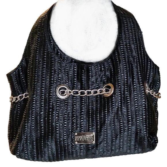 Kenneth Cole - Black Elektra Ripple Texture Slouchy Hobo Bag-Silver Chain Accent - Picture 1 of 11